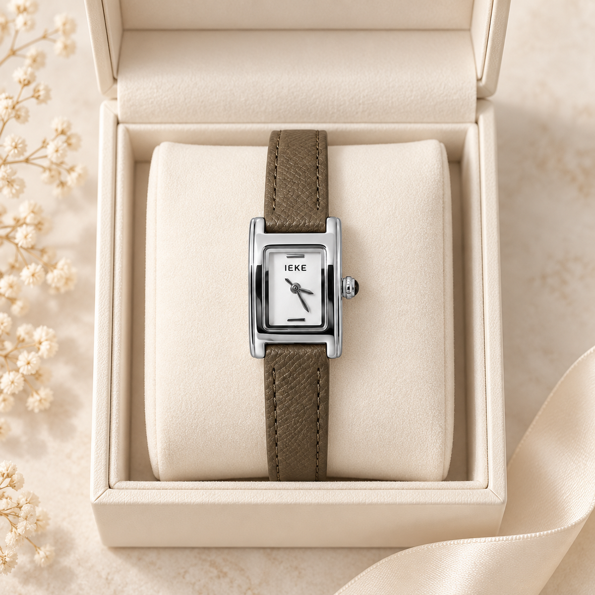 Montre Éclat Rectangulaire Argentée – Bracelet Taupe & Cadran Ivoire