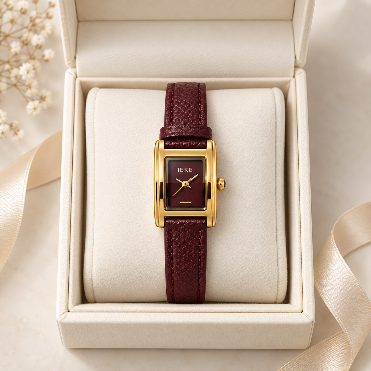 Montre Éclat Rectangulaire Dorée – Bracelet Bordeaux & Cadran Bordeaux