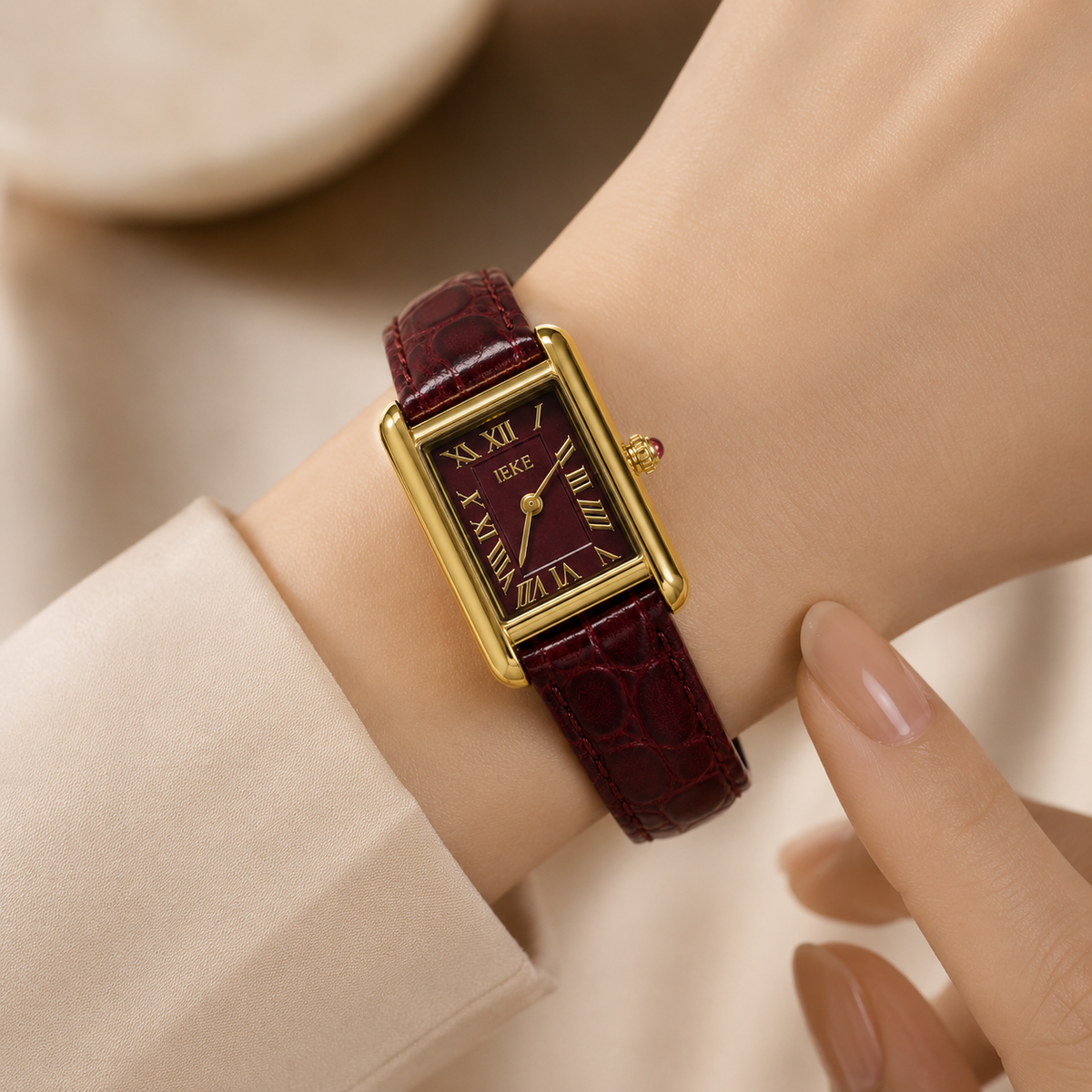 Montre Éclat Rectangulaire Dorée – Bracelet Bordeaux & Cadran Bordeaux