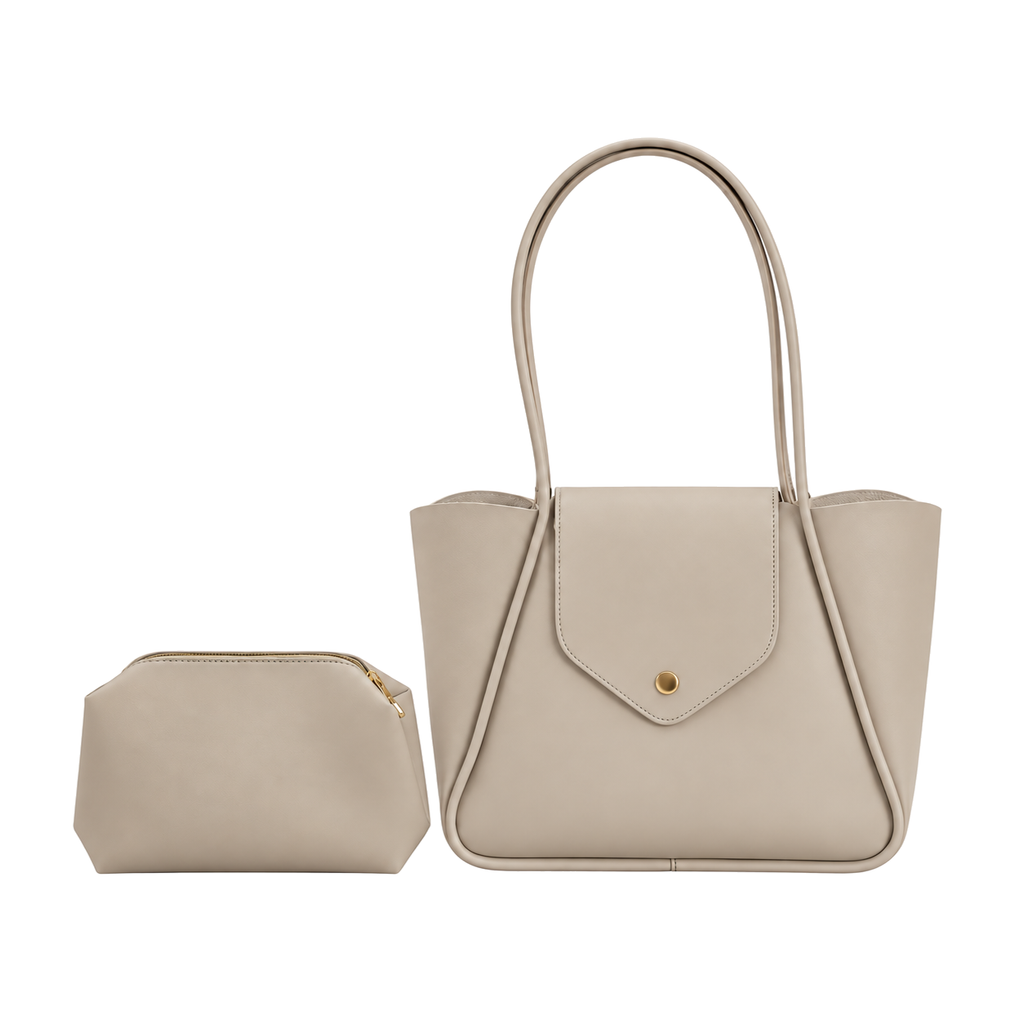 Sac Céliane Élégance beige et pochette assortie sur fond blanc