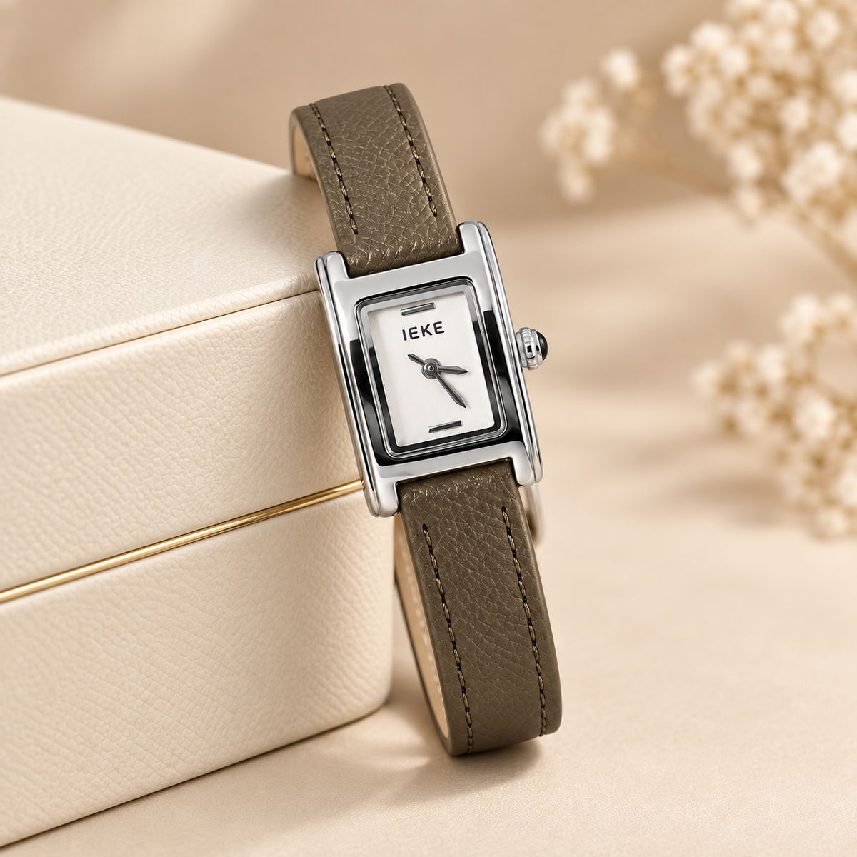 Montre Éclat Rectangulaire Argentée – Bracelet Taupe & Cadran Ivoire