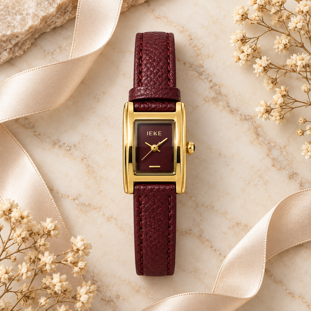 Montre Éclat Rectangulaire Dorée – Bracelet Bordeaux & Cadran Bordeaux