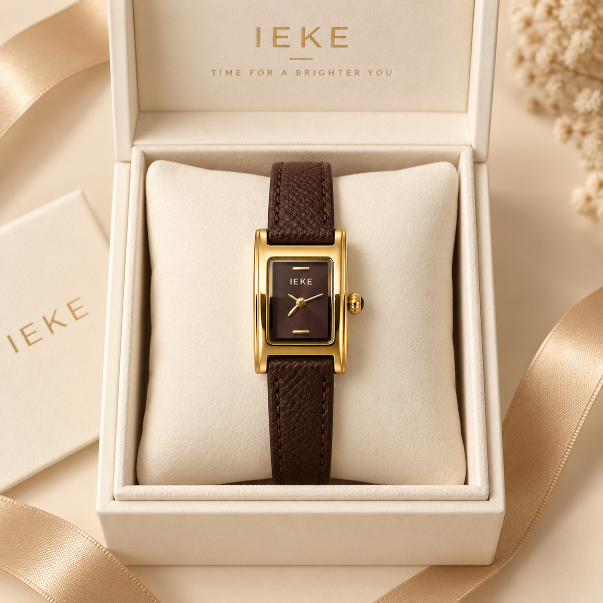 Montre Éclat Rectangulaire Dorée – Bracelet Marron & Cadran Chocolat
