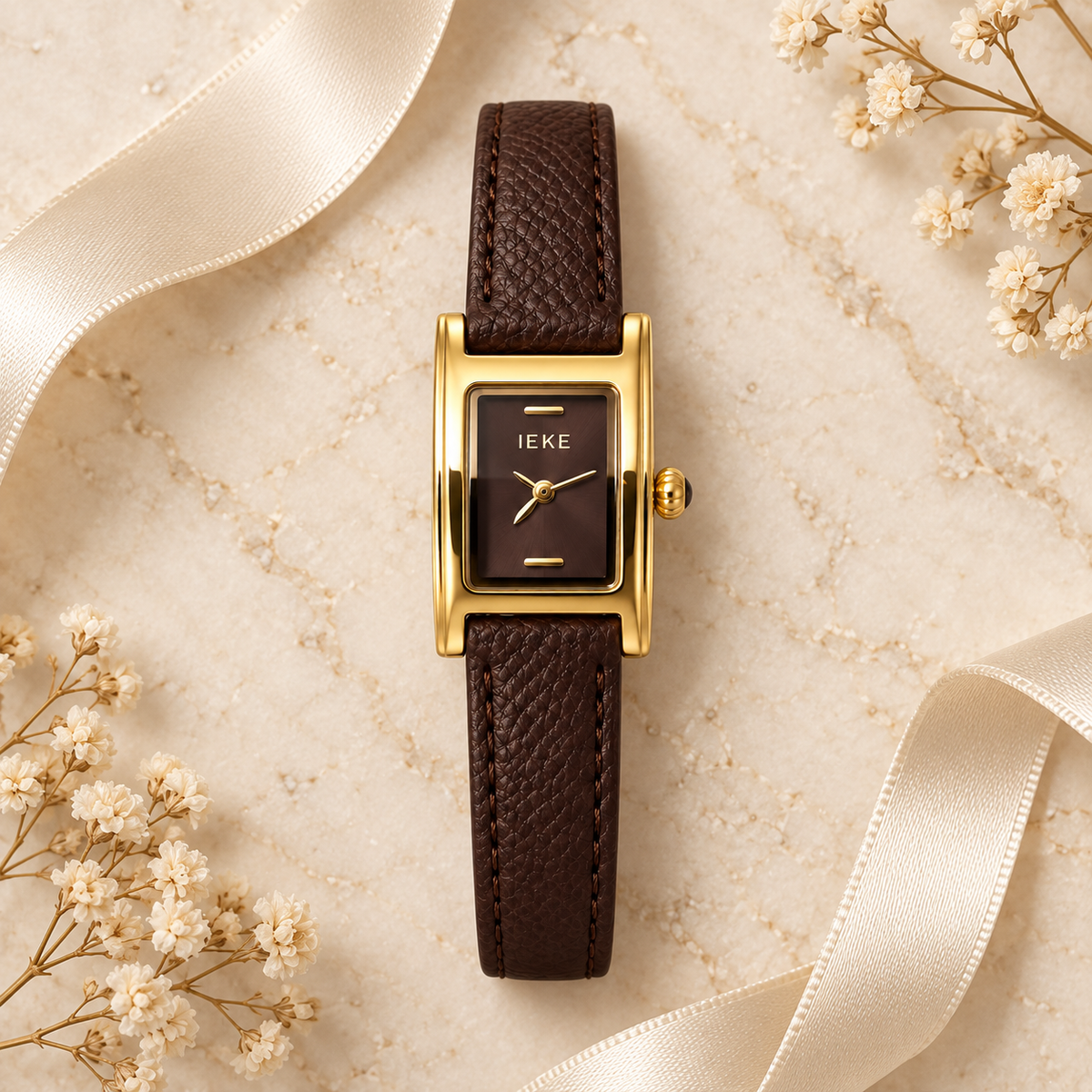 Montre Éclat Rectangulaire Dorée – Bracelet Marron & Cadran Chocolat