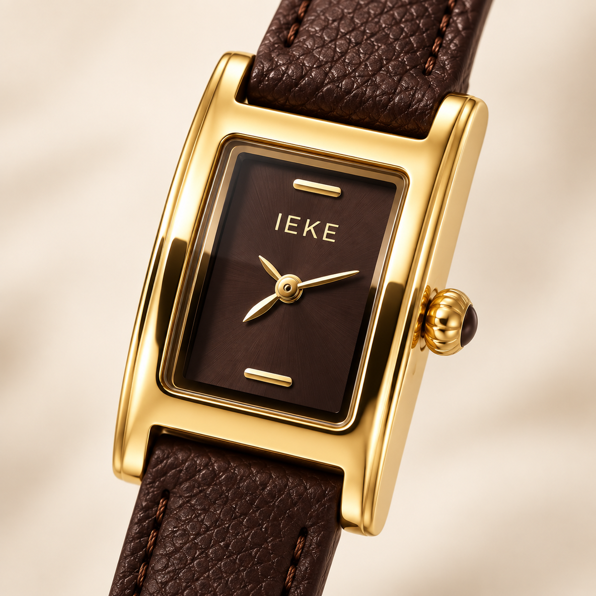 Montre Éclat Rectangulaire Dorée – Bracelet Marron & Cadran Chocolat