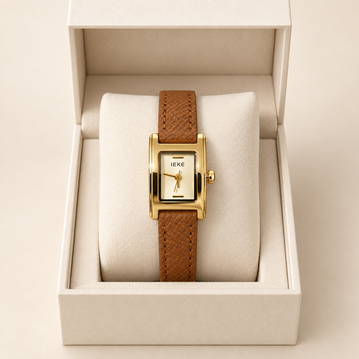 Montre Éclat Rectangulaire Dorée – Bracelet Camel & Cadran Ivoire