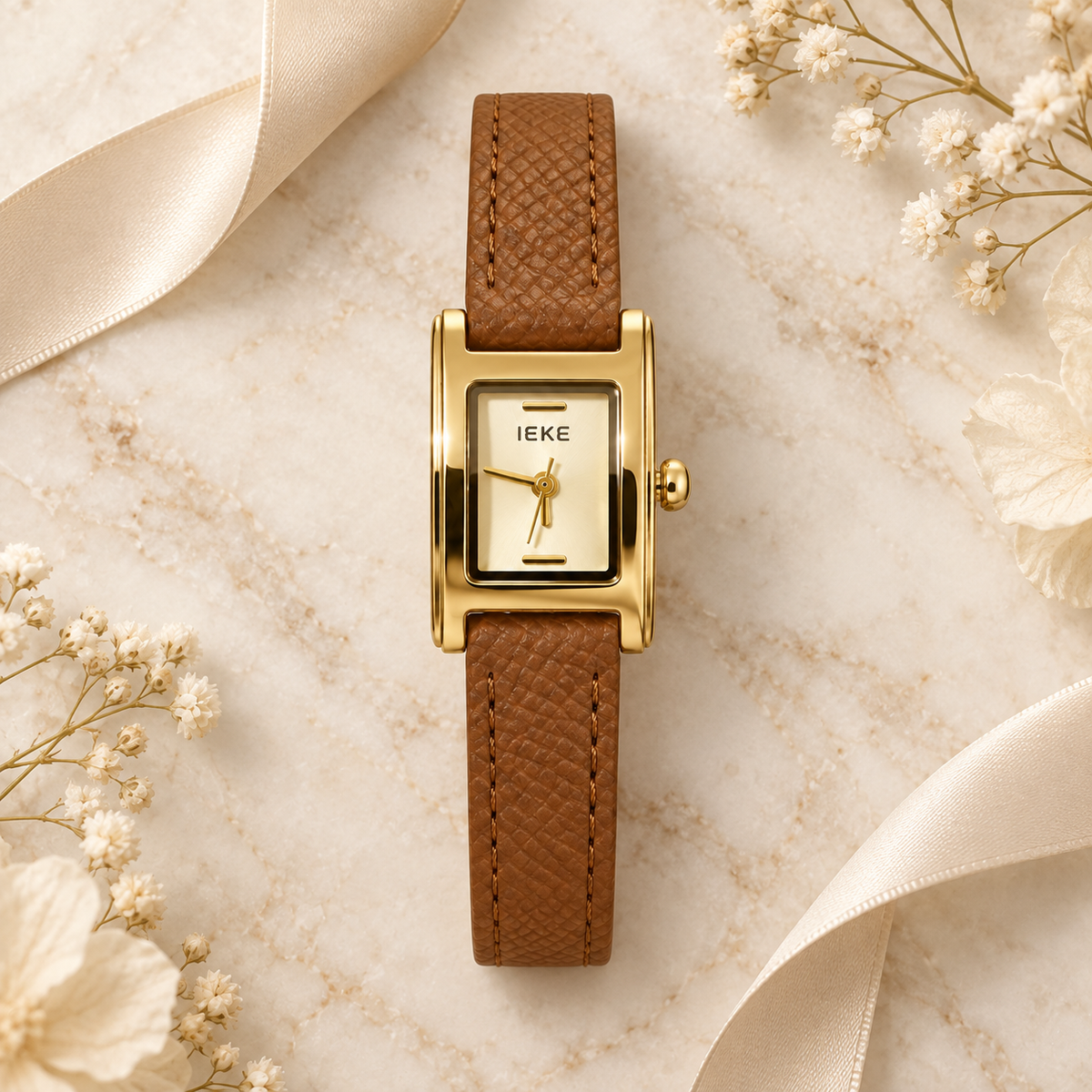 Montre Éclat Rectangulaire Dorée – Bracelet Camel & Cadran Ivoire