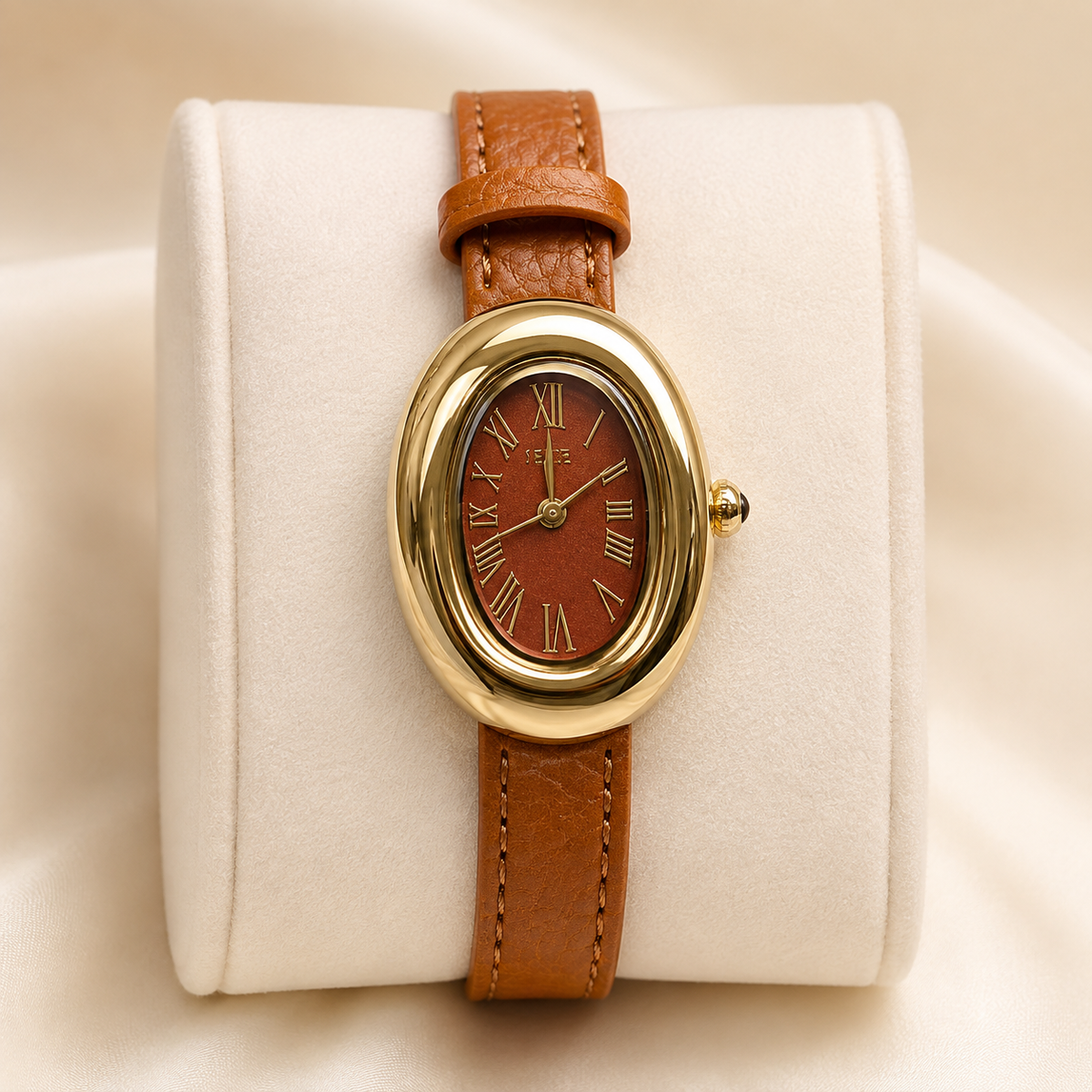 Montre Éclat Ovale Dorée – Bracelet Camel & Cadran Brun