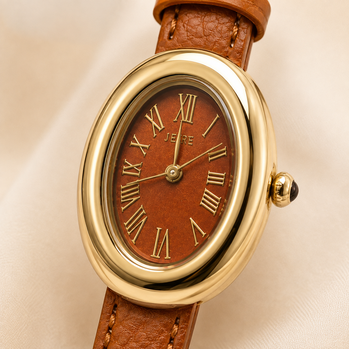 Montre Éclat Ovale Dorée – Bracelet Camel & Cadran Brun