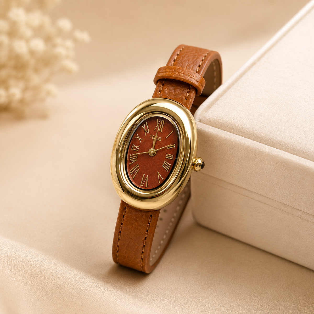 Montre Éclat Ovale Dorée – Bracelet Camel & Cadran Brun