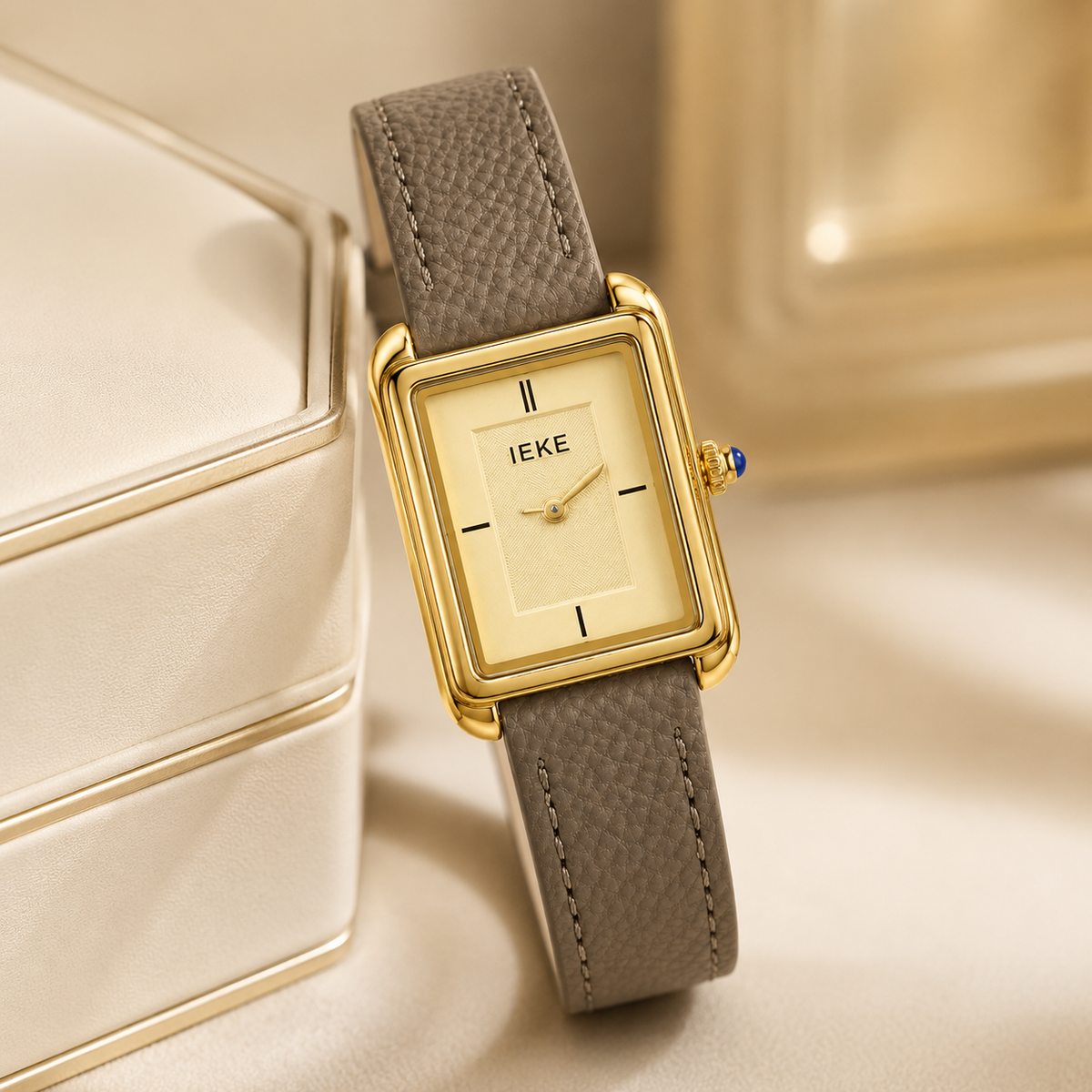 Montre Éclat Rectangulaire Dorée – Bracelet Taupe & Cadran Champagne