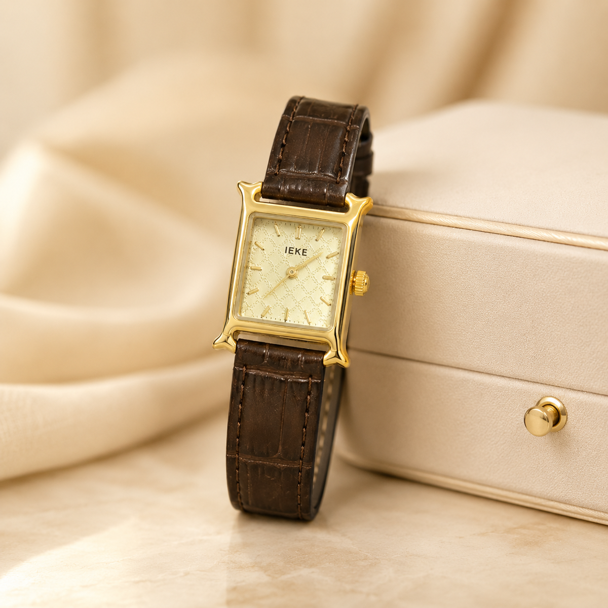Montre Éclat Rectangulaire Dorée – Bracelet Croco Marron & Cadran Champagne