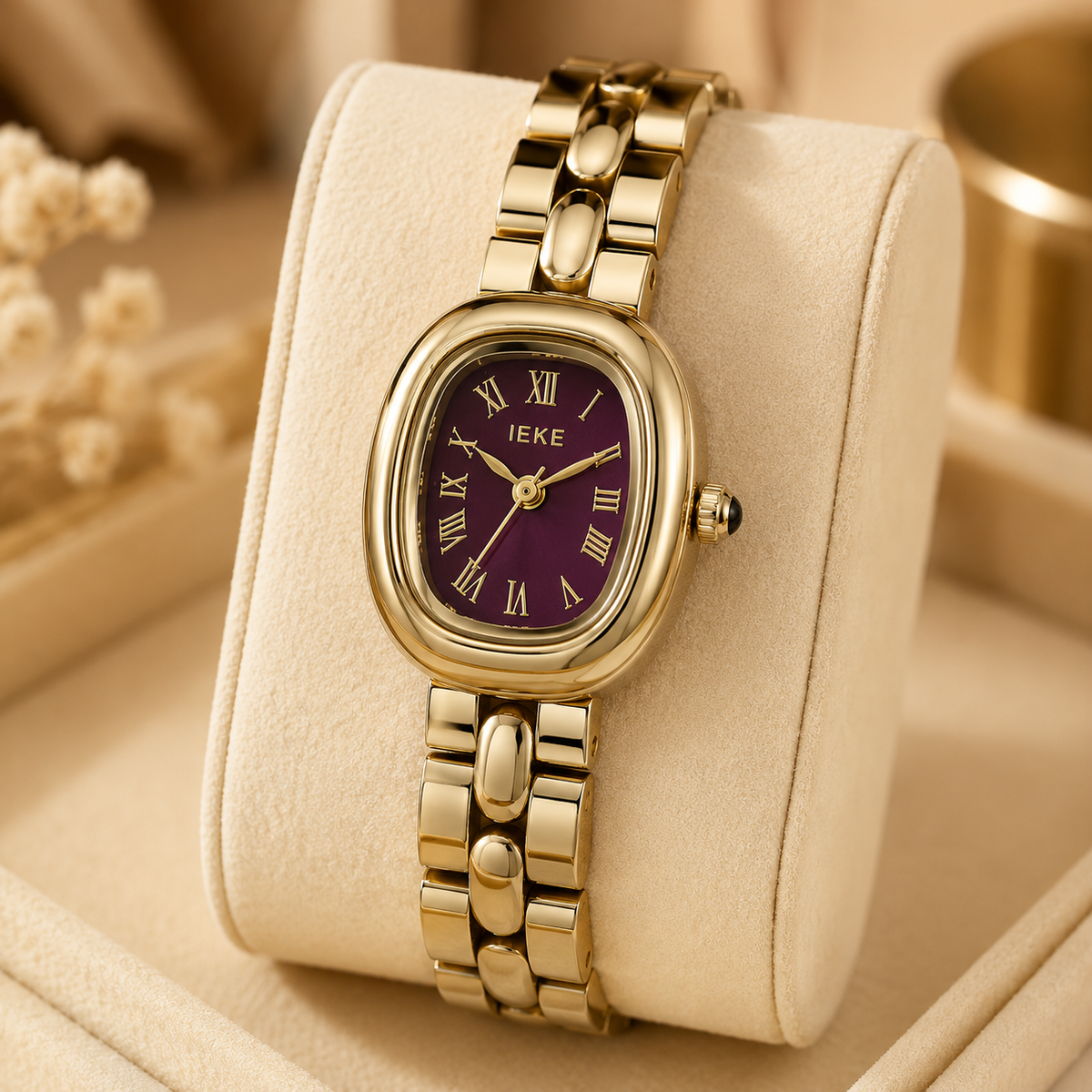 Montre Éclat Dorée – Bracelet Métallique & Cadran Bordeaux