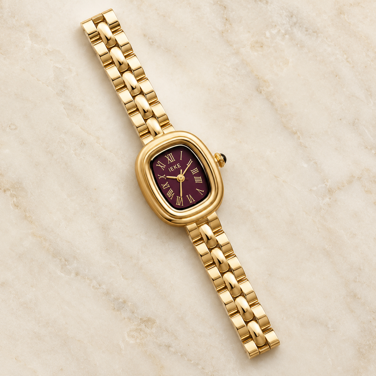 Montre Éclat Dorée – Bracelet Métallique & Cadran Bordeaux