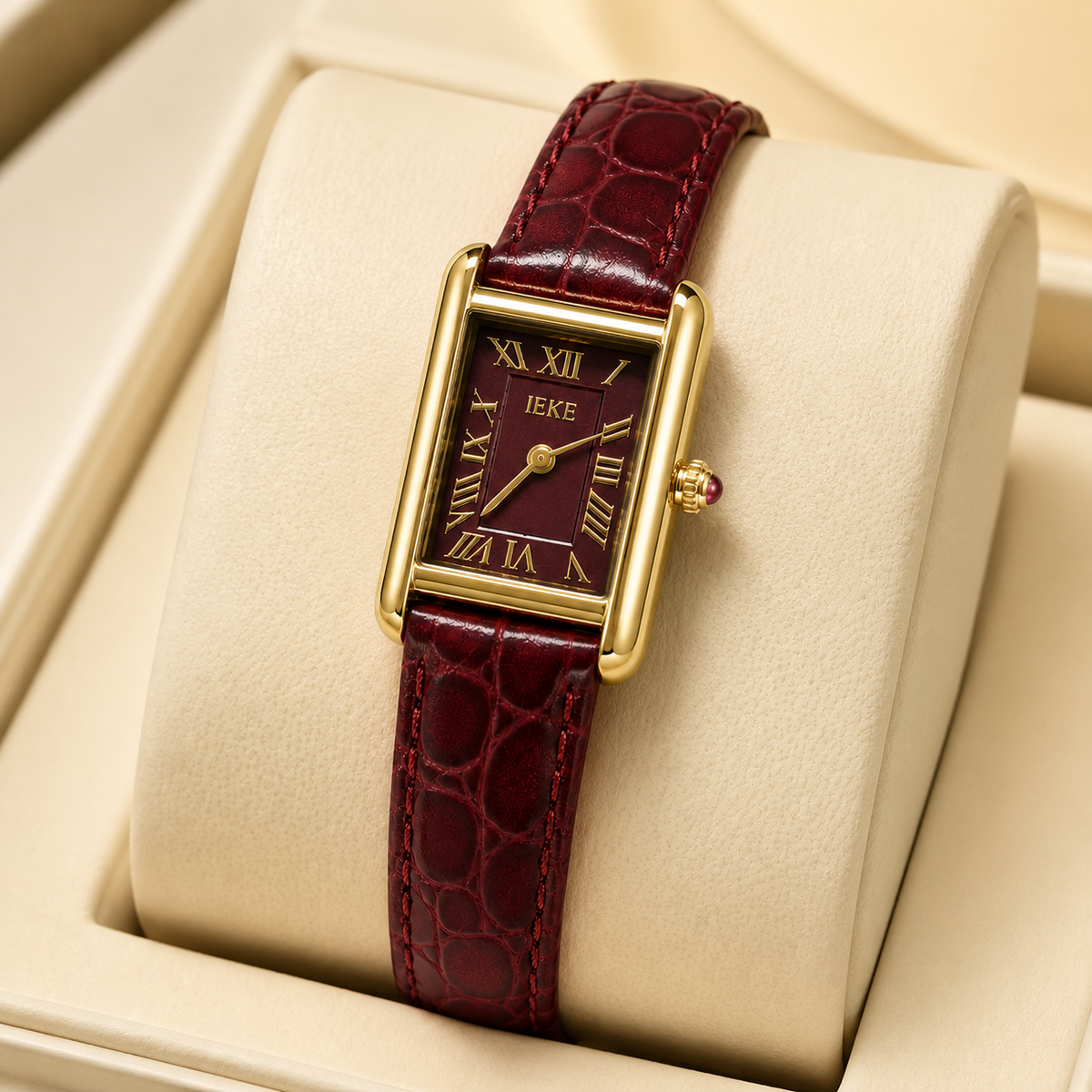 Montre Éclat Rectangulaire Dorée – Bracelet Bordeaux & Cadran Bordeaux
