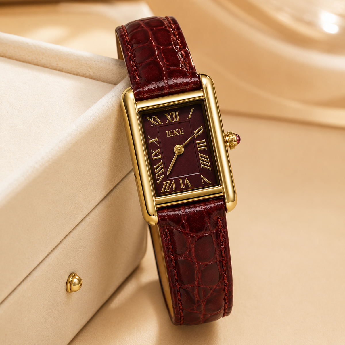 Montre Éclat Rectangulaire Dorée – Bracelet Bordeaux & Cadran Bordeaux