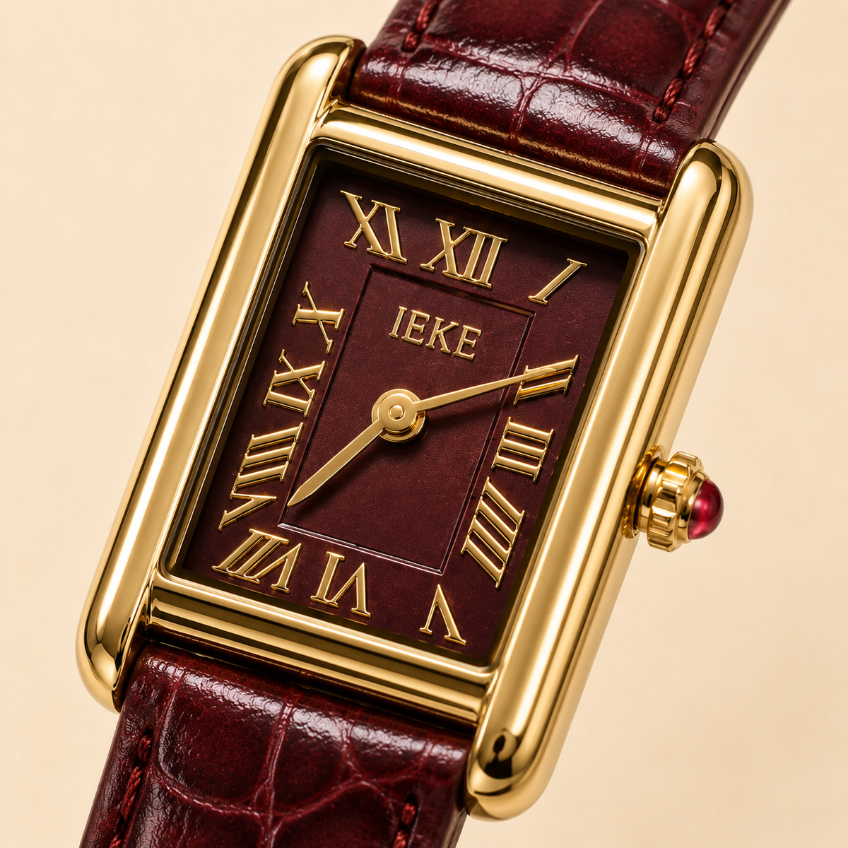 Montre Éclat Rectangulaire Dorée – Bracelet Bordeaux & Cadran Bordeaux