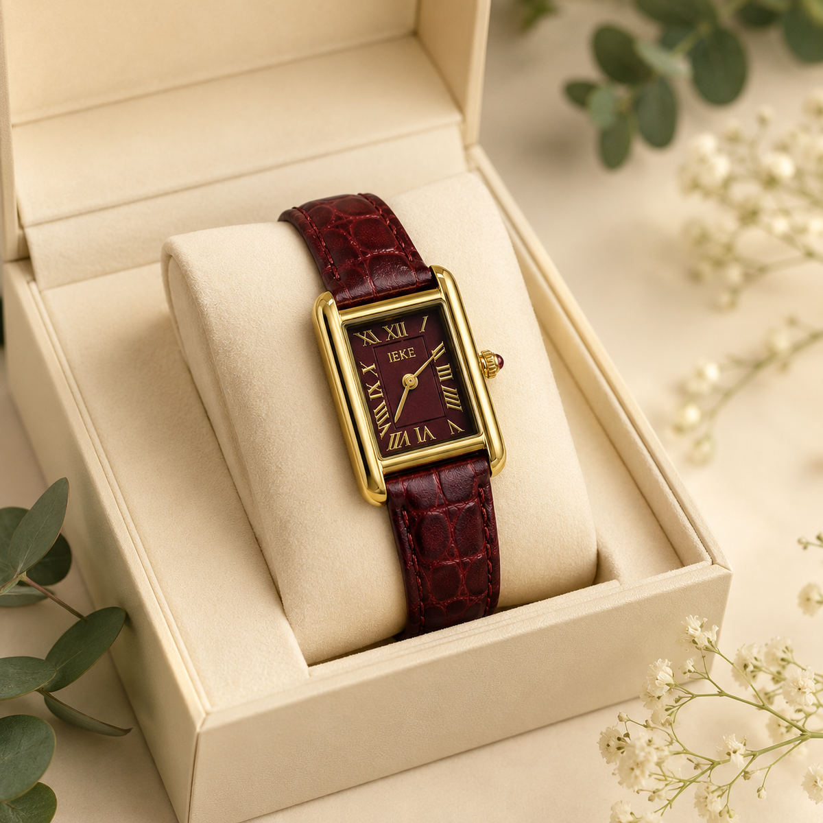 Montre Éclat Rectangulaire Dorée – Bracelet Bordeaux & Cadran Bordeaux