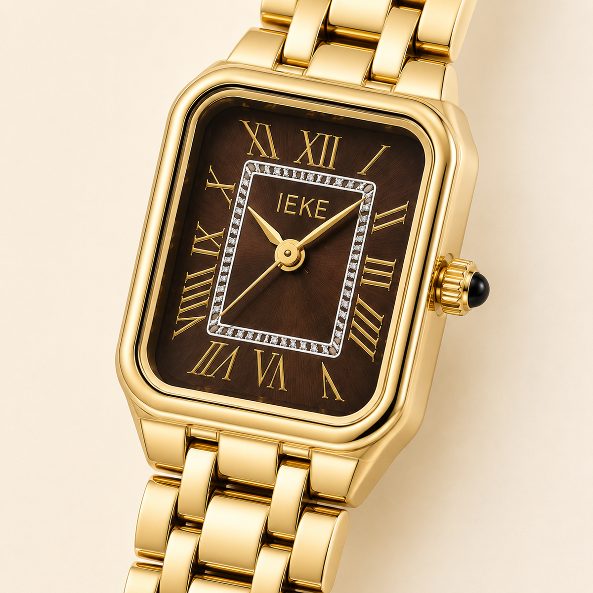 Montre Éclat Rectangulaire Dorée – Bracelet Métallique & Cadran Brun