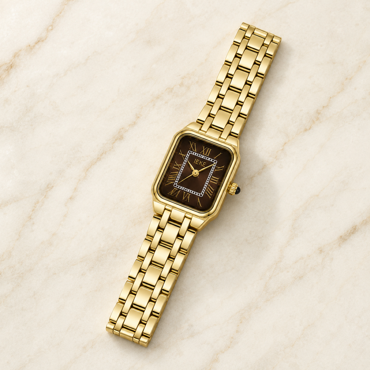 Montre Éclat Rectangulaire Dorée – Bracelet Métallique & Cadran Brun