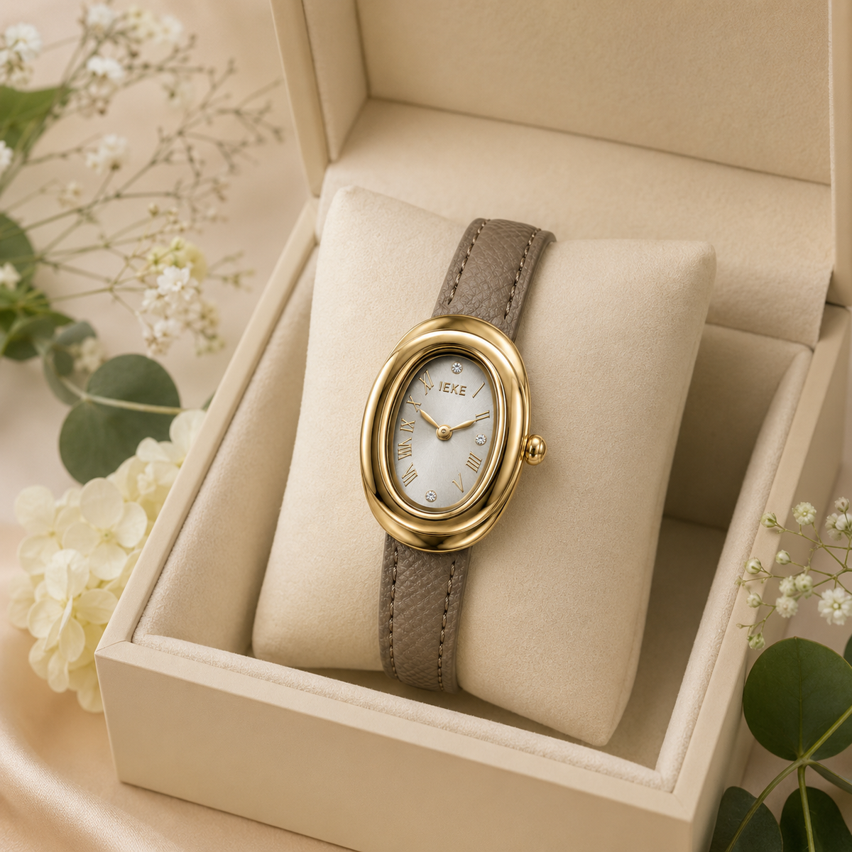 Montre Éclat Ovale Dorée – Bracelet Taupe & Cadran Champagne