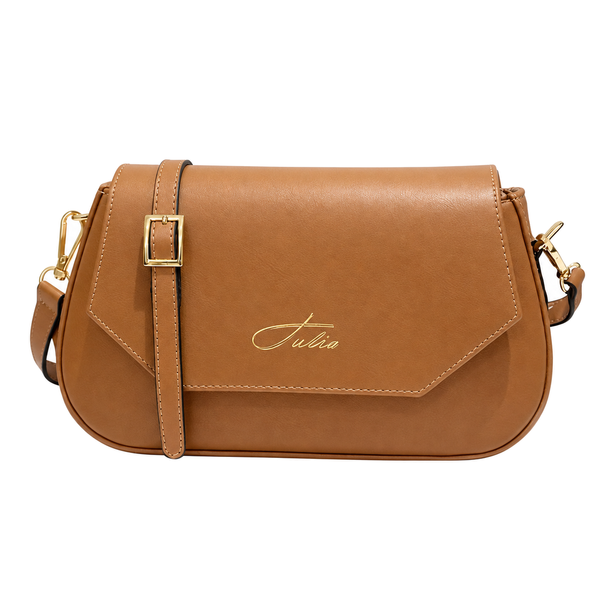 Sac bandoulière femme élégant Camel sur fond blanc