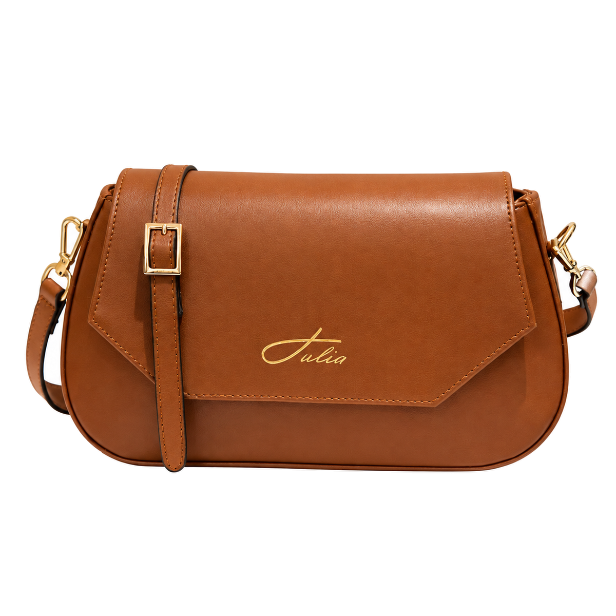 Sac bandoulière femme élégant Camel foncé sur fond blanc