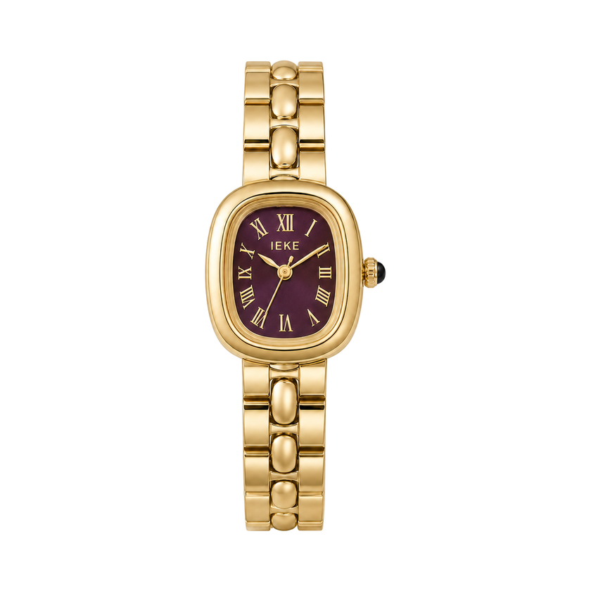 Montre Éclat Dorée – Bracelet Métallique & Cadran Bordeaux — photo principale sur fond blanc