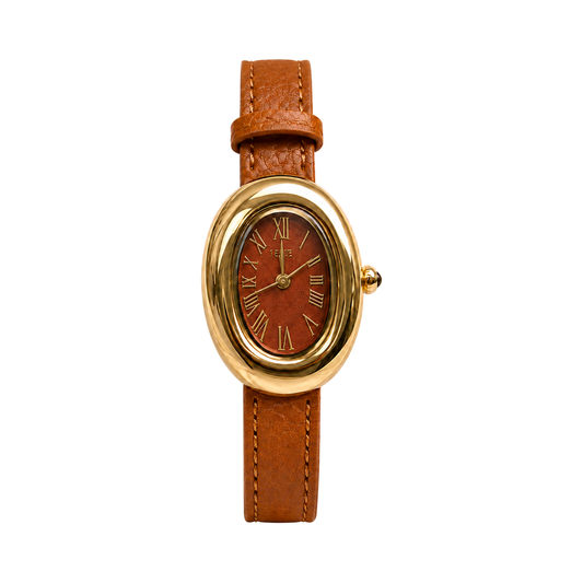 Montre Éclat Ovale Dorée – Bracelet Camel & Cadran Brun — photo principale sur fond blanc