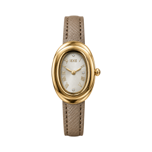 Montre Éclat Ovale Dorée – Bracelet Taupe & Cadran Champagne — photo principale sur fond blanc