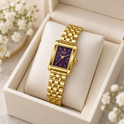 Montre Éclat Rectangulaire Classique Dorée, cadran violet – coffret fleuri