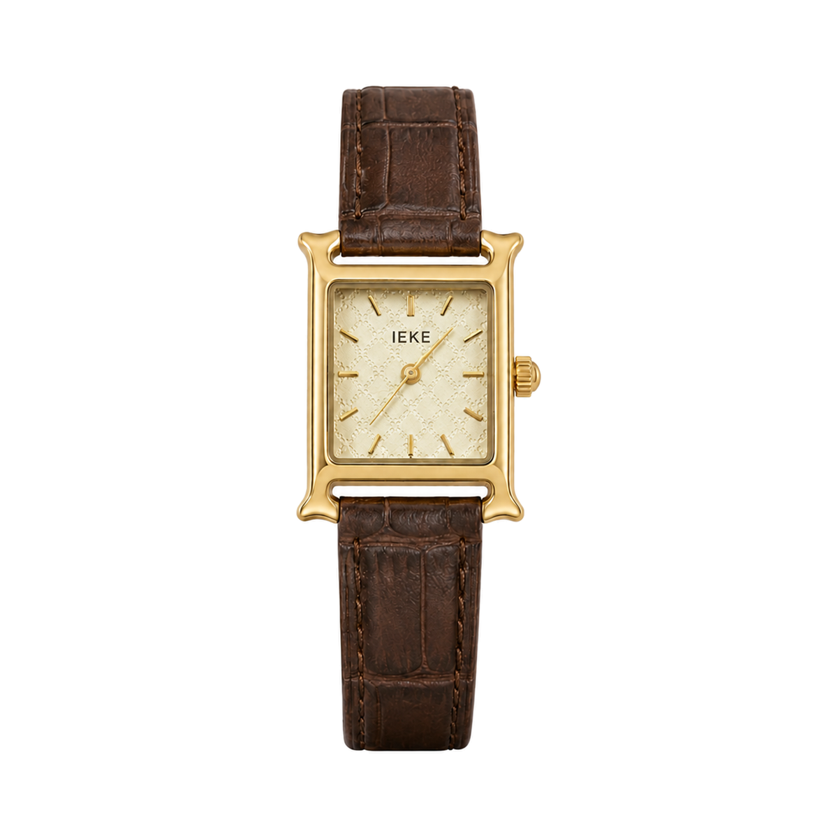 Montre Éclat Rectangulaire Dorée – Bracelet Croco Marron & Cadran Champagne — photo principale sur fond blanc