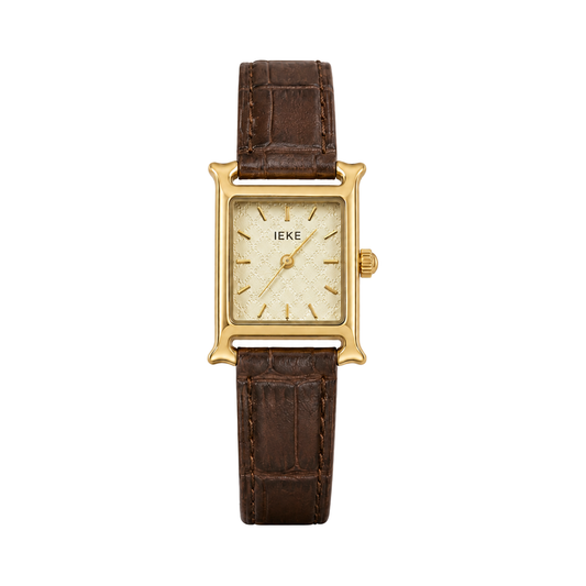Montre Éclat Rectangulaire Dorée – Bracelet Croco Marron & Cadran Champagne — photo principale sur fond blanc