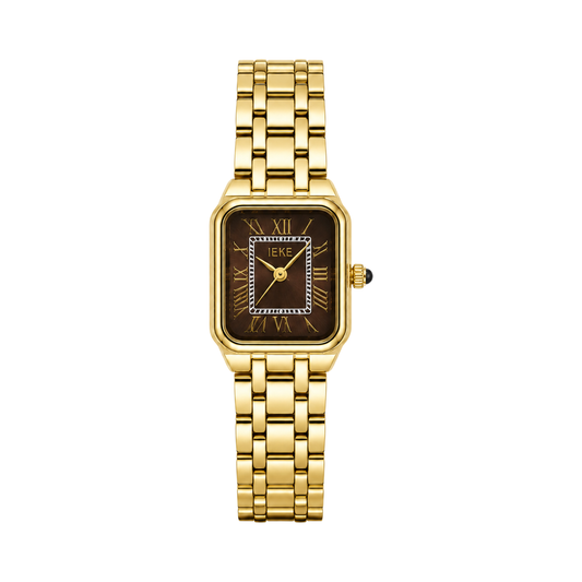 Montre Éclat Rectangulaire Dorée – Bracelet Métallique & Cadran Brun — photo principale sur fond blanc