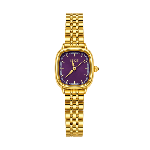 Montre Éclat Rectangulaire Dorée, cadran violet – Vue principale sur fond blanc