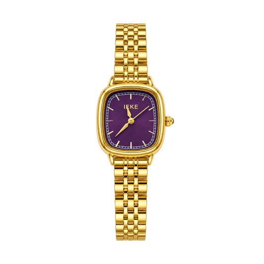 Montre Éclat Rectangulaire Dorée, cadran violet – Vue principale sur fond blanc