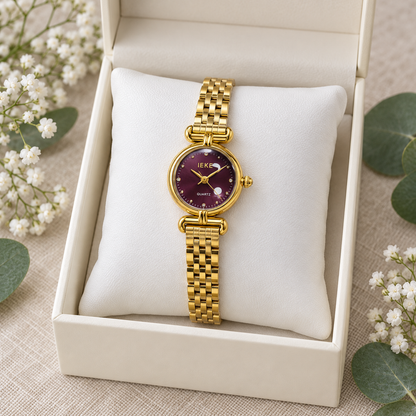 Montre Éclat Ronde Dorée, cadran violet – Présentation en coffret fleuri