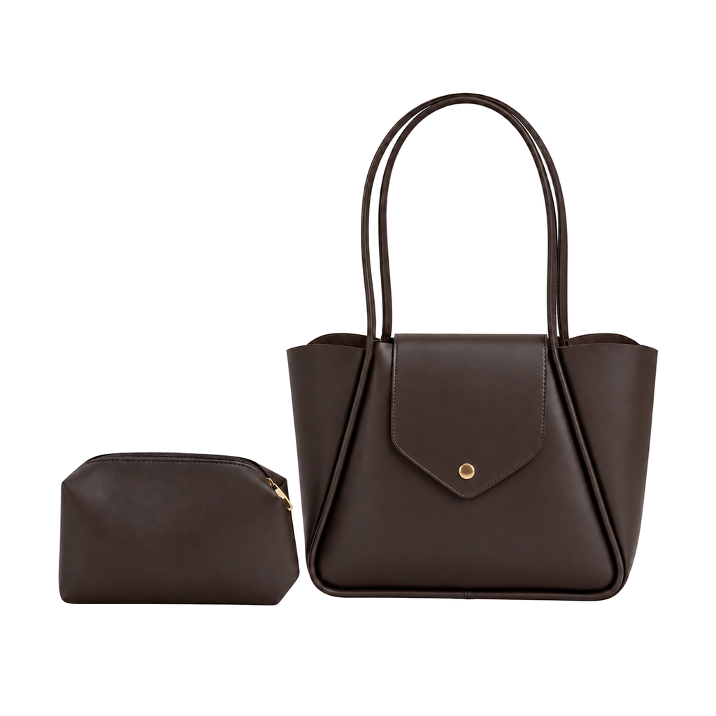 Sac Céliane Élégance marron et pochette assortie sur fond blanc