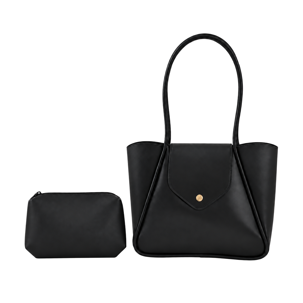 Sac Céliane Élégance noir et pochette assortie sur fond blanc