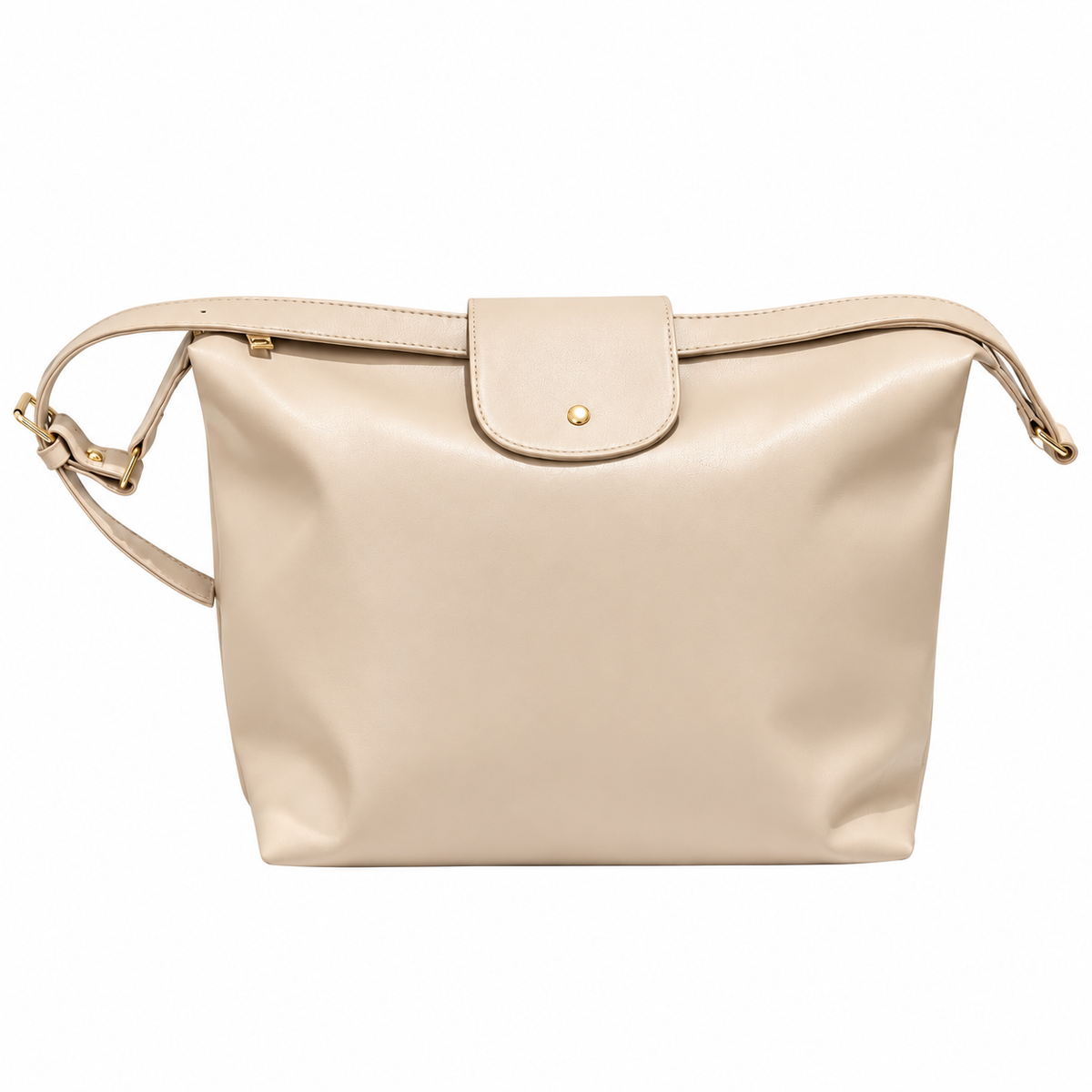 Sac Inès Élégance beige, bandoulière réglable et rabat à bouton doré, sur fond blanc