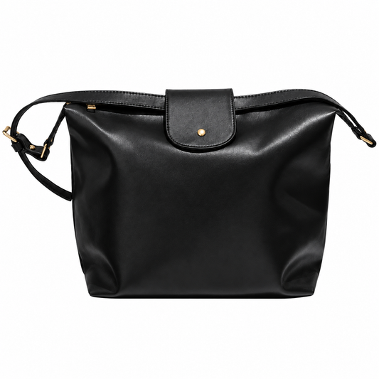 Sac Inès Élégance noir, bandoulière réglable et rabat à bouton doré, sur fond blanc