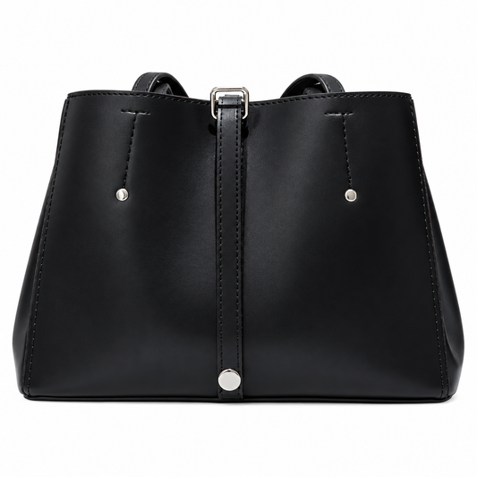 Sac Maëlle Élégance noir, cabas à bride centrale et détails argentés sur fond blanc